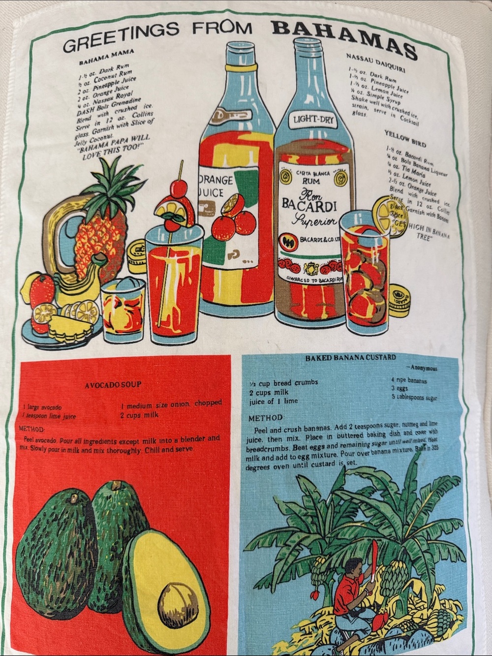 Vintage Bahamas Kitchen Towel with Tropical Drink & Fruit Design - White